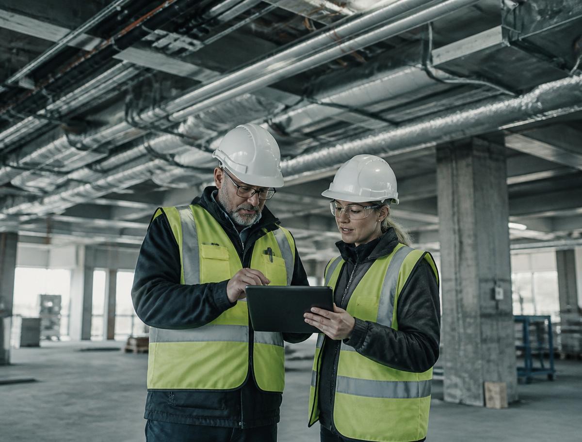 Engineers bespreken technische tekeningen op de bouwplaats